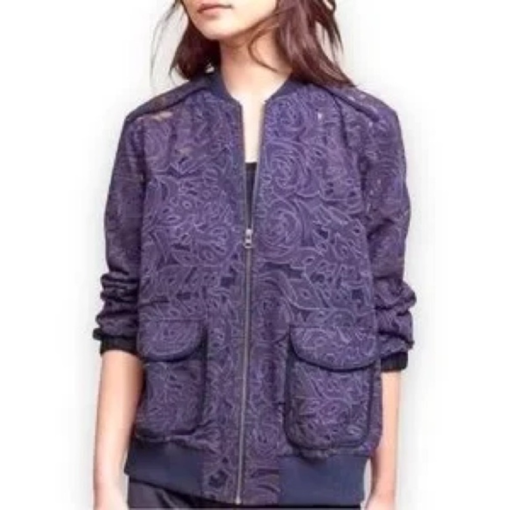 Elevenses Miranda Purple Navy Lace Bomber Jacket M Anthropologie Zip Up